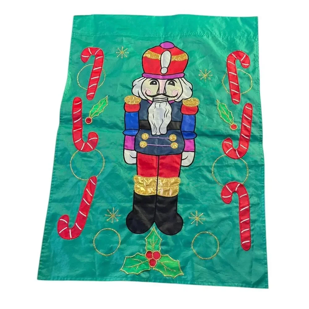 Vtg Applique Christmas Holiday Yard‎ Flag Double Sided Nutcracker Candy Cane